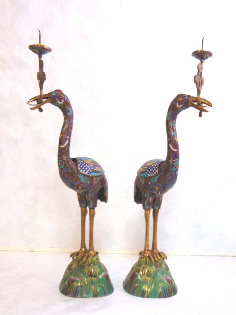 VINTAGE CHINESE CLOISONNE CRANE CANDLESTICKS W/ GOLD (1 of 8)
