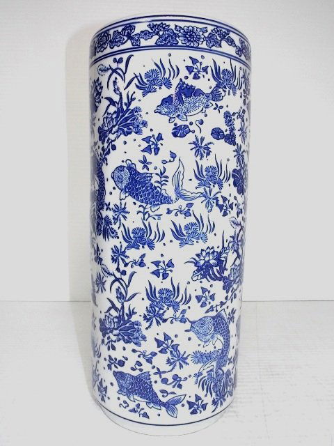 CHINESE PORCELAIN FLORAL COBALT UMBRELLA STAND (1 of 4)