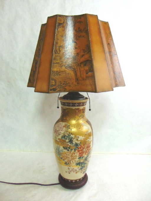 Antique Hand Painted Satsuma Vase Lamp W Asian Shade