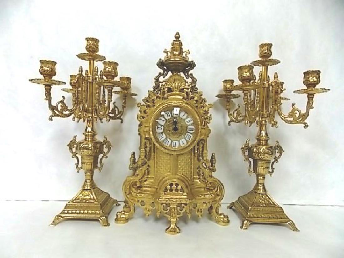 3 PIECE ITALIAN SOLID BRASS CLOCK & CANDELABRA SET