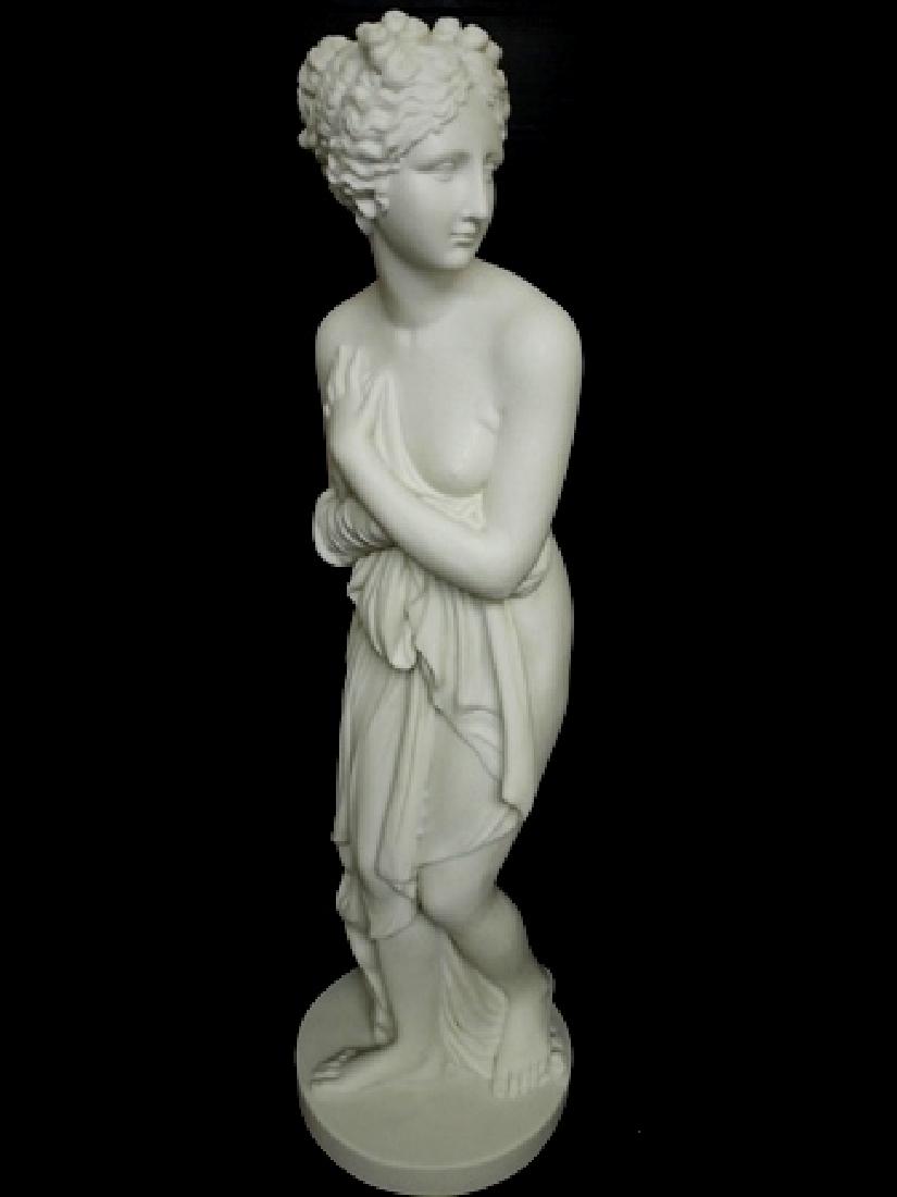 LG VICTORIAN SCULPTURE OF NUDE GREEK GODDESS: FOR AUCTION IS THIS AMAZINGLY DECORATIVE AND HIGH QUALITY VICTORIAN STYLE STATUE OF A NUDE GREEK GODDESS. THE STATUE STANDS 34" TALL BY 8" WIDE, AND SETS ON A 9 3/4" DIAMETER BASE. STATUE IS MADE OF R