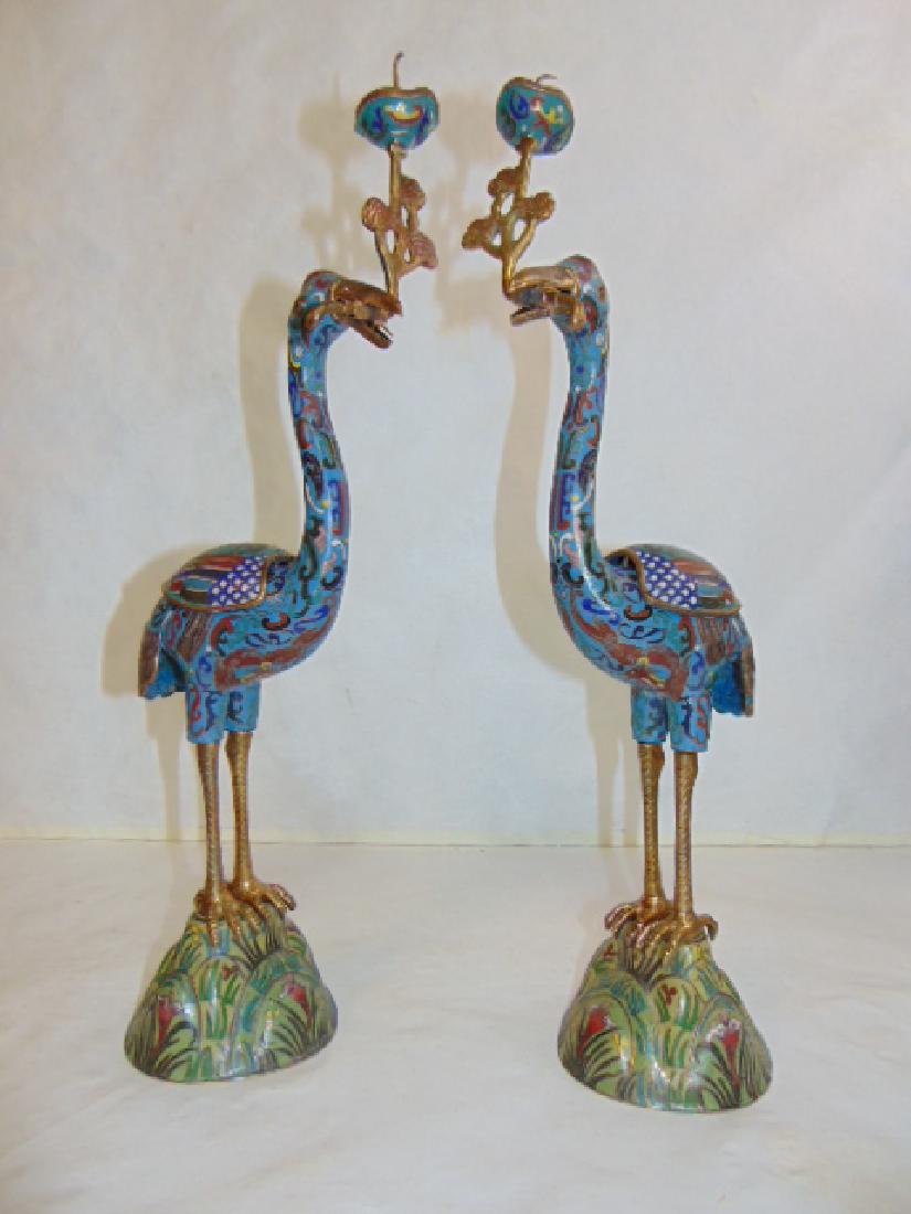 VINTAGE CHINESE CLOISONNE CRANE CANDLESTICKS W/ GOLD (1 of 9)
