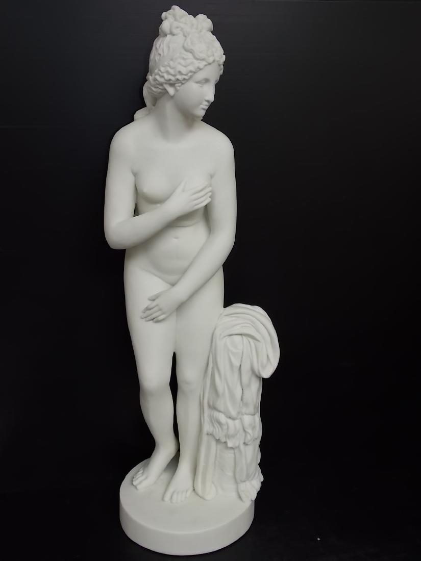 LG VICTORIAN SCULPTURE OF NUDE GREEK GODDESS: FOR AUCTION IS THIS AMAZINGLY DECORATIVE AND HIGH QUALITY VICTORIAN STYLE STATUE OF A NUDE GREEK GODDESS. THE STATUE STANDS 34" TALL BY 10 1/2" WIDE, AND SETS ON A 9 3/4" DIAMETER BASE. STATUE IS MADE