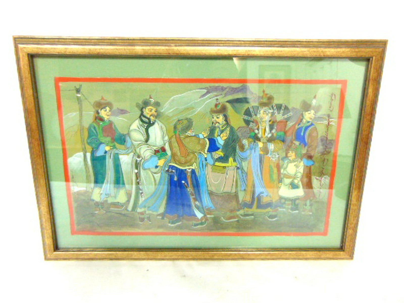 EXQUISITE VINTAGE ANTIQUE CHINESE MONGOLIAN PAINTING: AN EXQUISITE VINTAGE ANTIQUE PAINTING OF WHAT APPEARS TO BE THAT OF GENGHIS KHAN, THE MONGOLIAN EMPEROR. THE PAINTING WITH THE FRAME MEASURES 20 3/4" BY 14 1/8". APPEARS TO BE DONE ON SOME SORT OF CAN