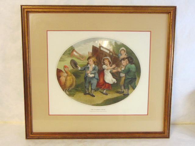 Vintage Thanksgiving Turkey Cock Bartolozzi Engraving: A beautiful vintage Thanksgiving engraving entitled "The Turkey Cock", done by Francesco Bartolozzi. Piece is framed and matted and measures 28 1/2" by 25 3/4" with the frame. Condition appears to be
