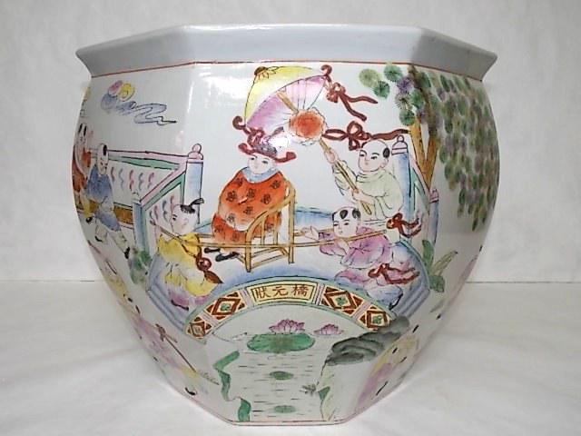 DECORATIVE CHINESE PORCELAIN 17" HEX PLANTER FISH POT (1 of 5)