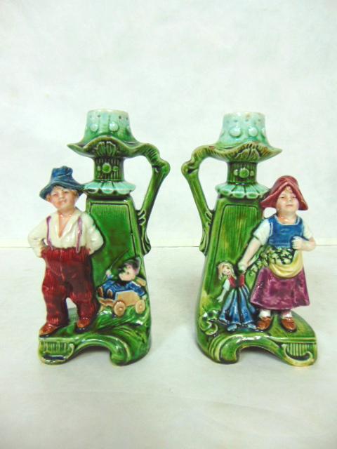 PR OF ANTIQUE MAJOLICA CANDLESTICKS (1 of 7)