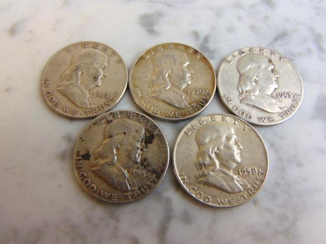 ESTATE FIND LOT OF 5 SILVER FRANKLIN HALF DOLLARS (1 of 2)