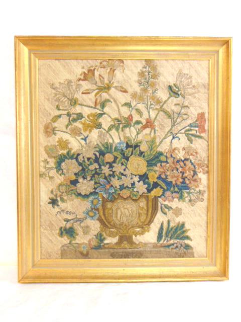 VINTAGE FLORAL TAPESTRY OCTOBER SAMPLER SET IN FRAME: A VINTAGE FLORAL TAPESTRY OCTOBER SAMPLER THAT MEASURES 25Â” TALL BY 21 1/2Â” LONG. CONDITION IS VERY NICE BUT THE FRAME DOES HAVE A FEW SMALL KNICKS. SHIPPING AND HANDLING IS $45 WITHIN THE CON