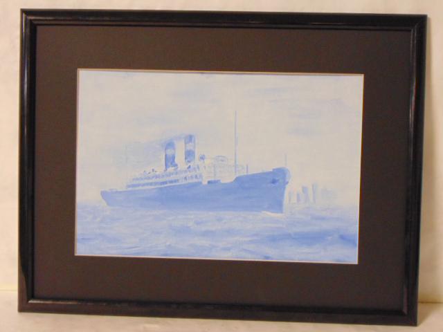 VINTAGE PAINTING OF TITANIC LUSITANIA CRUISE SHIP: A NICE DECORATIVE PAINTING OF AN OLDER CRUISE SHIP DONE ON PAINTERS BOARD. PIECE MEASURES 25" BY 19" WITH THE FRAME. CONDITION IS GOOD BUT WOULD PROBABLY RECOMMEND A DIFFERENT FRAME. REMINDS ME OF THE