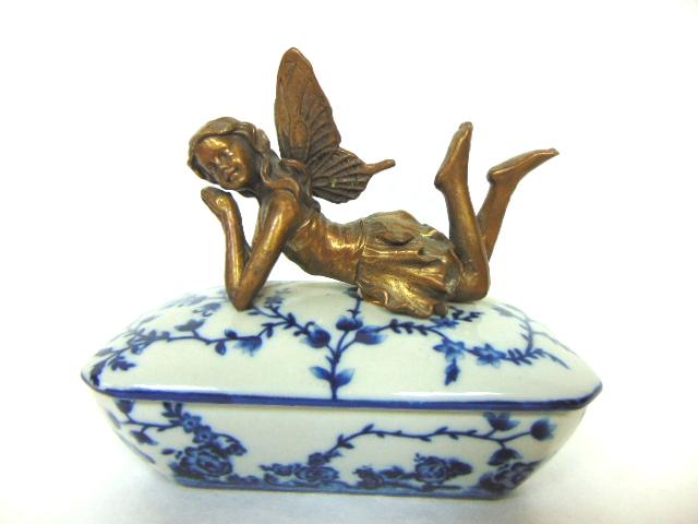 Decorative Porcelain Vanity Trinket Box w/ Bronze Fairy (1 of 4)