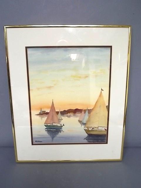 VINTAGE SAILBOAT SEASCAPE WATERCOLOR BY E. L. FROST (1 of 5)