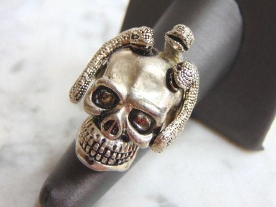 Mens Vintage Estate Sterling Silver Skull & Snake Ring (1 of 4)