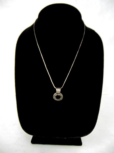 Womens Vintage Sterling Silver Necklace & Pendant: FOR SALE IS THIS LOVELY VINTAGE ESTATE STERLING SILVER NECKLACE WITH PENDANT THAT HAS A LOVELY RUBY COLORED STONE. THE NECKLACE AND PENDANT WEIGH 6.5g. THE NECKLACE MEASURES 16 1/4" LONG. MAKES A GREA