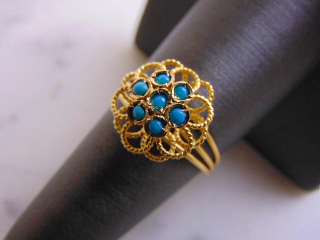 Womens Vintage Estate 18K Gold Turquoise Filigree Ring (1 of 4)