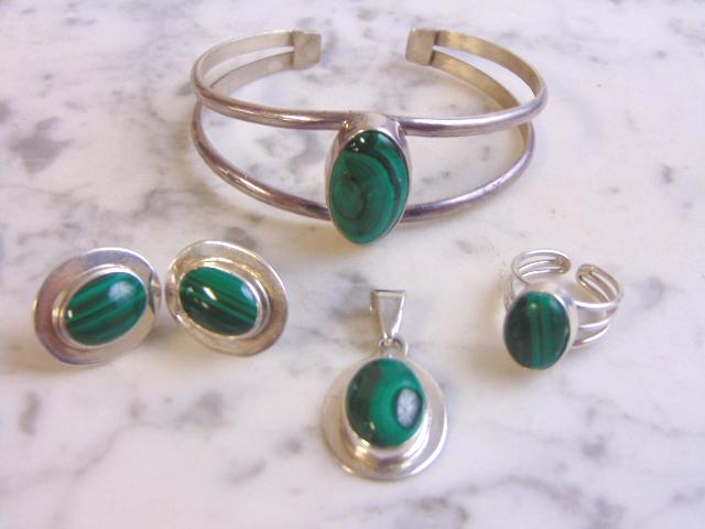 Womens Sterling Silver Malachite Pendant, Earrings Set (1 of 9)