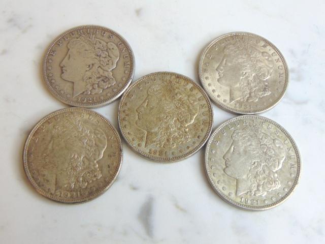 LOT OF (5) 1921 MORGAN SILVER DOLLAR COIN ESTATE FIND (1 of 2)
