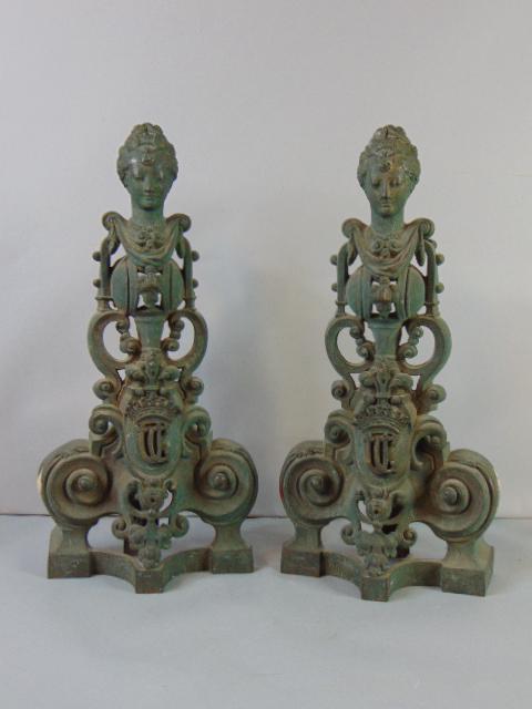 Rare Pr French Antique Bronze Queen Fireplace Andirons (1 of 9)