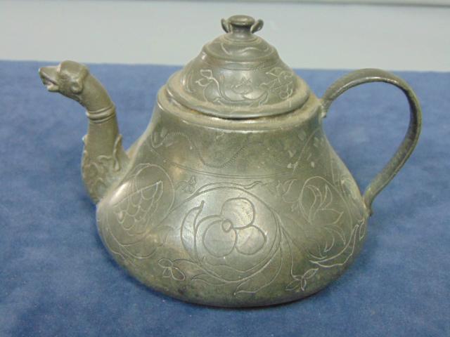 ANTIQUE CHINESE PEWTER ETCHED TEAPOT (1 of 6)
