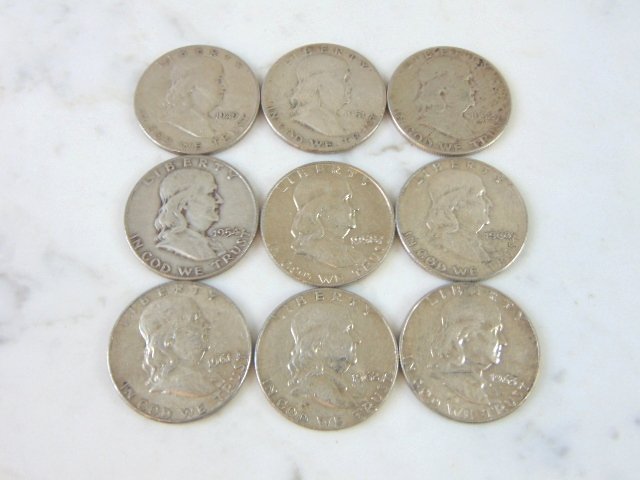 LOT OF 9 SILVER FRANKLIN HALF DOLLARS (1 of 2)