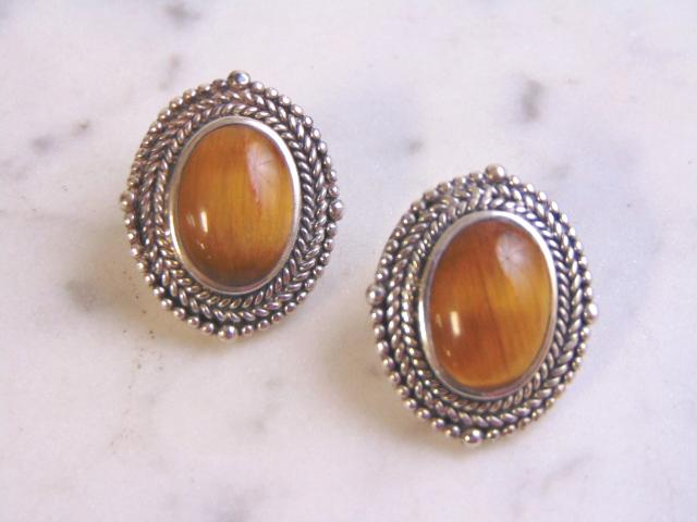 Womens Vintage Sterling Silver Tiger's Eye Earrings (1 of 3)