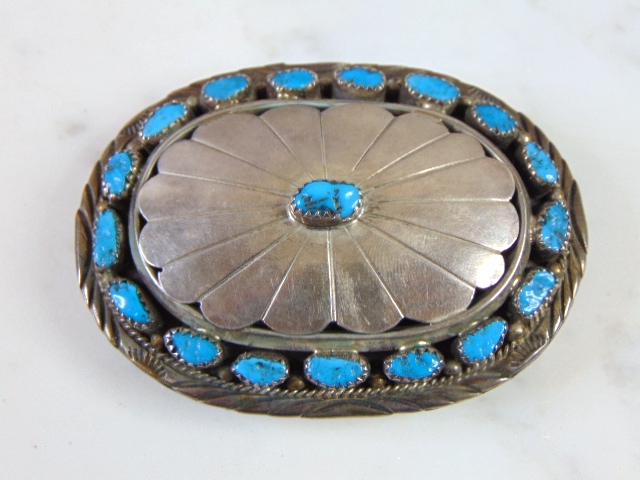Vintage Estate Sterling Silver Turquoise Belt Buckle (1 of 4)