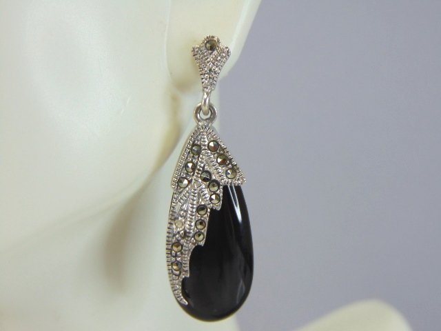 Womens Vintage Estate Sterling Silver Onyx Earrings (1 of 3)