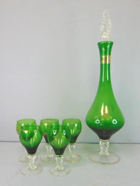 Vintage Antique Green Glass Decanter W/ Glasses (1 of 6)