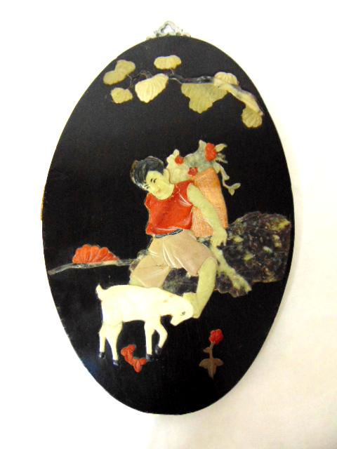 ANTIQUE CHINESE INLAID SOAPSTONE WALL PLAQUE (1 of 5)