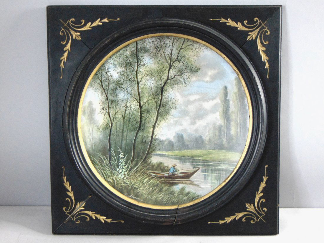 Vintage Estate Artist Signed Framed Porcelain Plaque Wall Art: A VINTAGE ESTATE ARTIST SIGNED FRAMED PORCELAIN PLAQUE WALL ART. PIECE IS SIGNED BY G. DEVISMES FRAME MEASURES 21 7/8" BY 21 3/4".FRAME HAS SOME BLEMISHES AND IS COMING APART AS SEEN IN THE PICTURES,