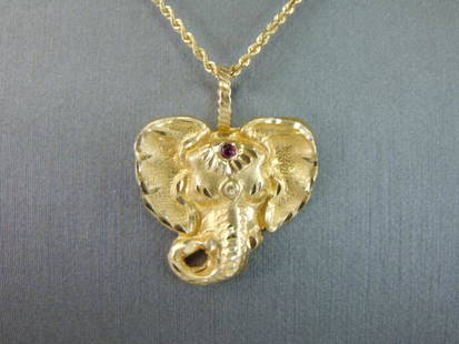 14K Gold Rope Necklace W/ Hindu Elephant Pendant: A WOMENS VINTAGE ESTATE 14K GOLD ROPE NECKLACE WITH A HINDU GANESHA ELEPHANT PENDANT. THE NECKLACE MEASURES 18" LONG. THE PENDANT MEASURES 1 1/8" LONG BY 1" WIDE. PENDANT IS MADE BY MARC ANTHONY.