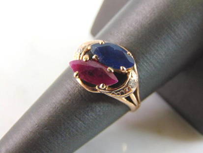 Womens 18K Rose Gold Diamond Ruby Sapphire Ring: FOR SALE IS THIS LOVELY ANTIQUE 18K ROSE GOLD DIAMOND, RUBY, AND SAPPHIRE RING. THE TOTAL WEIGHT IS 3.0g, AND IS A SIZE 7.75. RING IS MARKED "18K"AND HAS BEEN TESTED. THERE ARE ABOUT .10cts OF