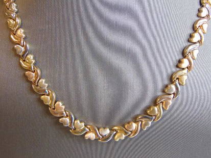 Womens Vintage 14K White Yellow & Rose Gold Necklace: FOR SALE IS A VINTAGE ESTATE 14K YELLOW, WHITE & ROSE GOLD NECKLACE. THE NECKLACE MEASURES 17" LONG BY 3/8" WIDE AND WEIGHS 25.5g. THIS WOULD MAKE A LOVELY GIFT FOR THAT SOMEONE SPECIAL. 