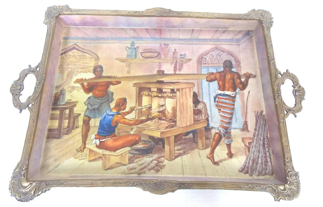 PORCELAIN & BRONZE TRAY W/ BRAZILIAN SUGARCANE SCENE (1 of 5)