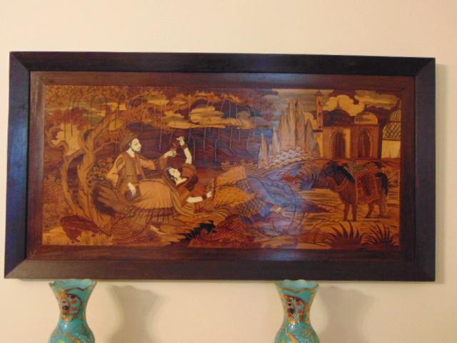 Vintage Antique Persian Inlaid Wooden Marquetry: A DECORATIVE VINTAGE ANTIQUE WOODEN INLAID PERSIAN MARQUETRY PIECE THAT MEASURES 42 1/2" BY 22 1/2" WIDE. CONDITION LOOKS VERY NICE. NOT SURE WHAT TYPES OF WOOD WERE USED. SHIPPING IS $75 WITHIN THE C