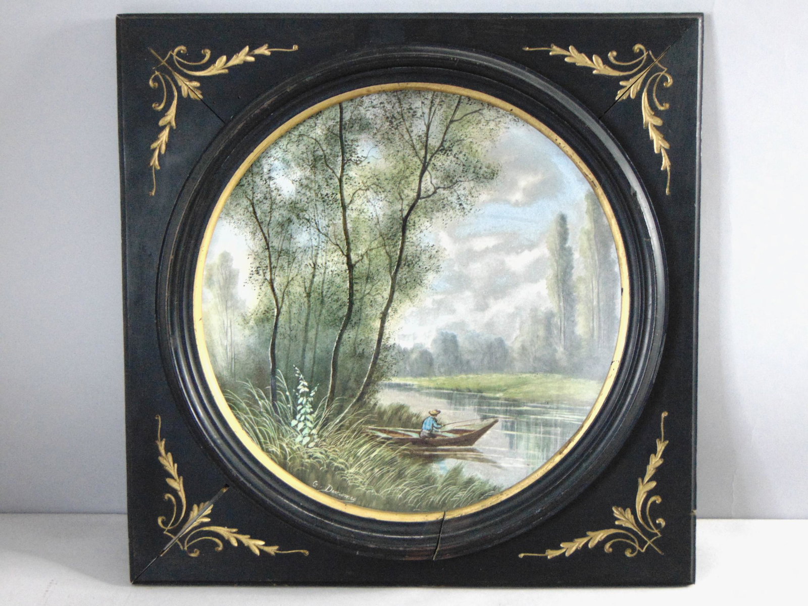 Vintage Estate Artist Signed Framed Porcelain Plaque Wall Art: A VINTAGE ESTATE ARTIST SIGNED FRAMED PORCELAIN PLAQUE WALL ART. PIECE IS SIGNED BY G. DEVISMES FRAME MEASURES 21 7/8" BY 21 3/4".FRAME HAS SOME BLEMISHES AND IS COMING APART AS SEEN IN THE PICTURES,