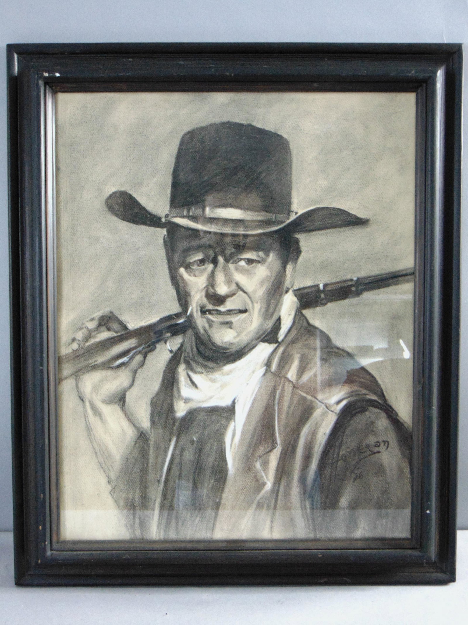 Vintage Estate Artist Signed Framed Charcoal Drawing Of John Wayne (1 of 7)