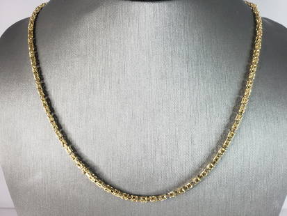 Vintage Estate 14K Gold Byzantine Chain Link Necklace: A VINTAGE ESTATE 14K YELLOW GOLD BYZANTINE CHAIN LINK NECKLACE. THE NECKLACE MEASURES 20 1/2" LONG BY ABOUT 1/8" WIDE, AND WEIGHS 17.9g. NECKLACE IS MARKED ON THE CLASP. THIS WOULD MAKE A LOVELY GIFT
