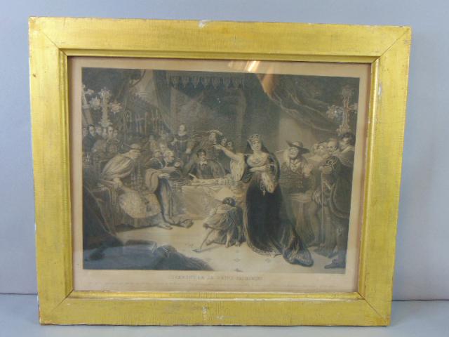 Decorative Antique Engraving of Catherine the Great: AN ANTIQUE ENGRAVING OF THE JUDGEMENT OF CATHERINE THE GREAT. EACH ANDIRON MEASURES 22 3/4" TALL BY 19 1/4" WIDE WITH THE FRAME. CONDITION LOOKS GOOD FOR ITS AGE BUT AS YOU MAY BE ABLE TO SEE THE FRAM