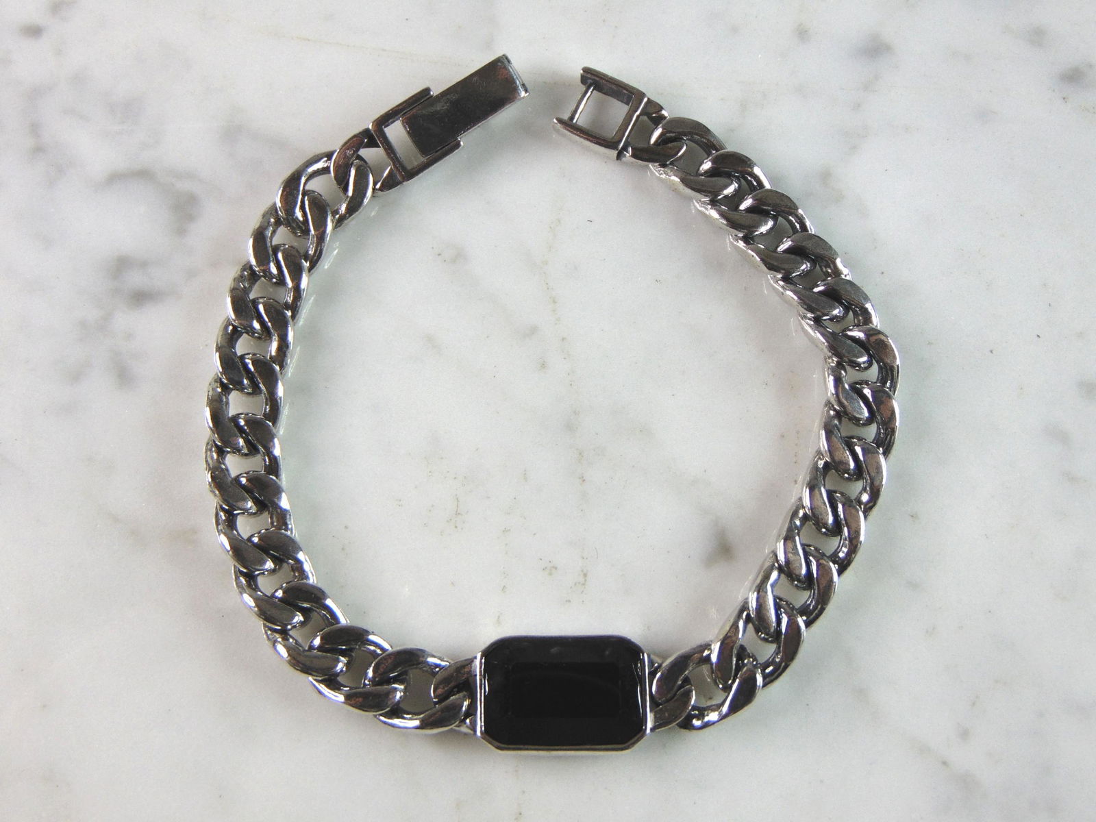 Mens Vintage Estate Sterling Silver Chain Link Onyx Bracelet (1 of 5)