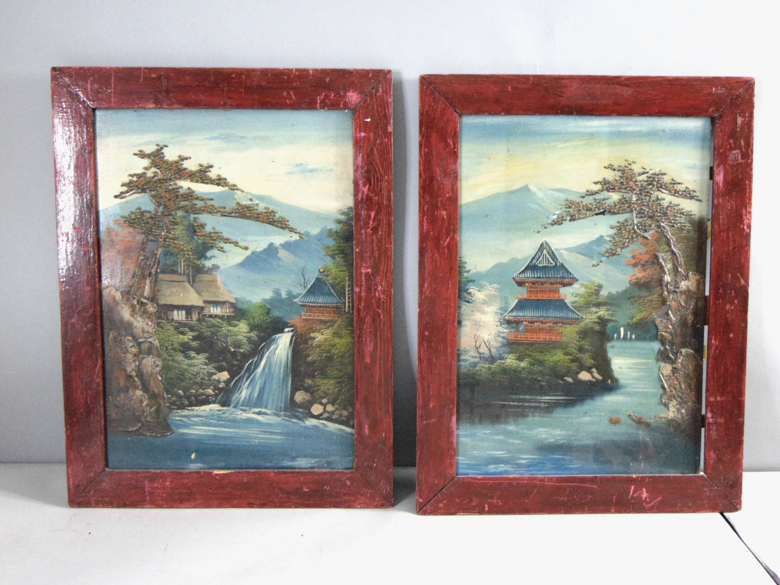 Vintage Estate Framed Japanese Paintings on Wooden Panels (1 of 11)