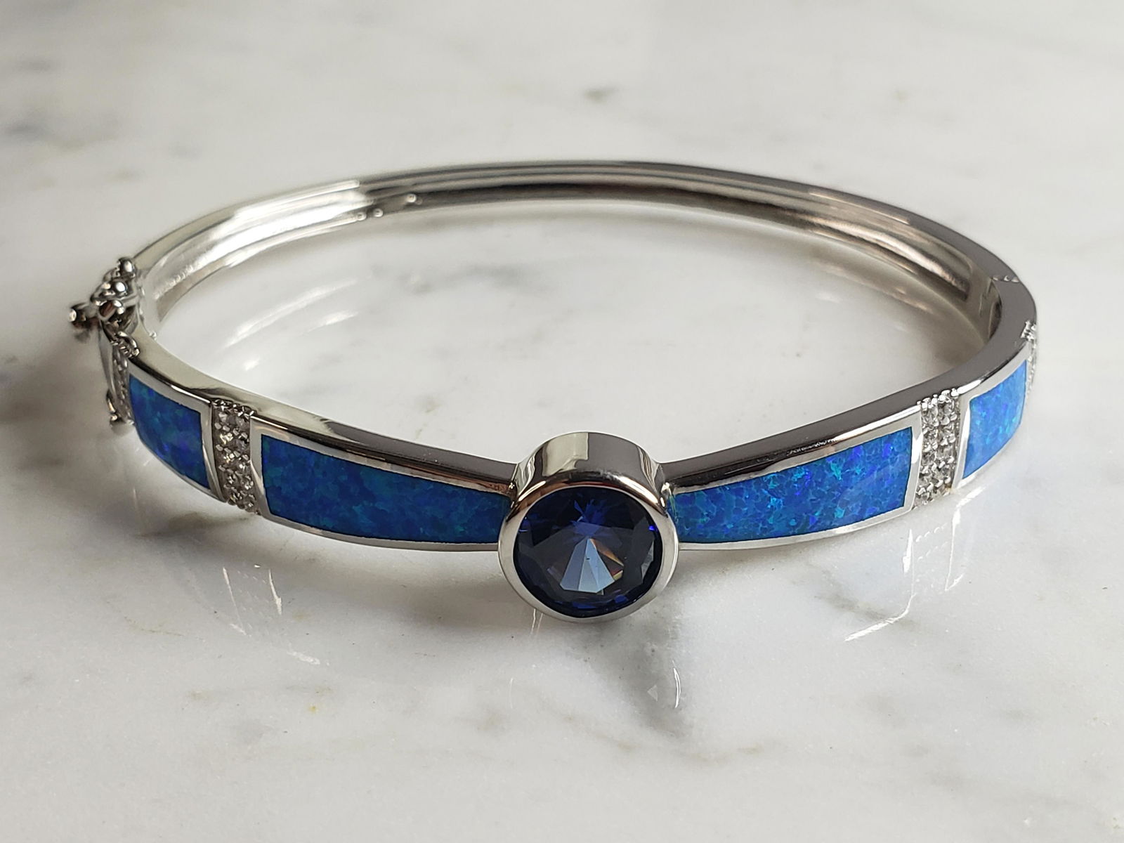 Womens Estate Sterling Silver Modernist Blue Opal Bangle Bracelet (1 of 5)