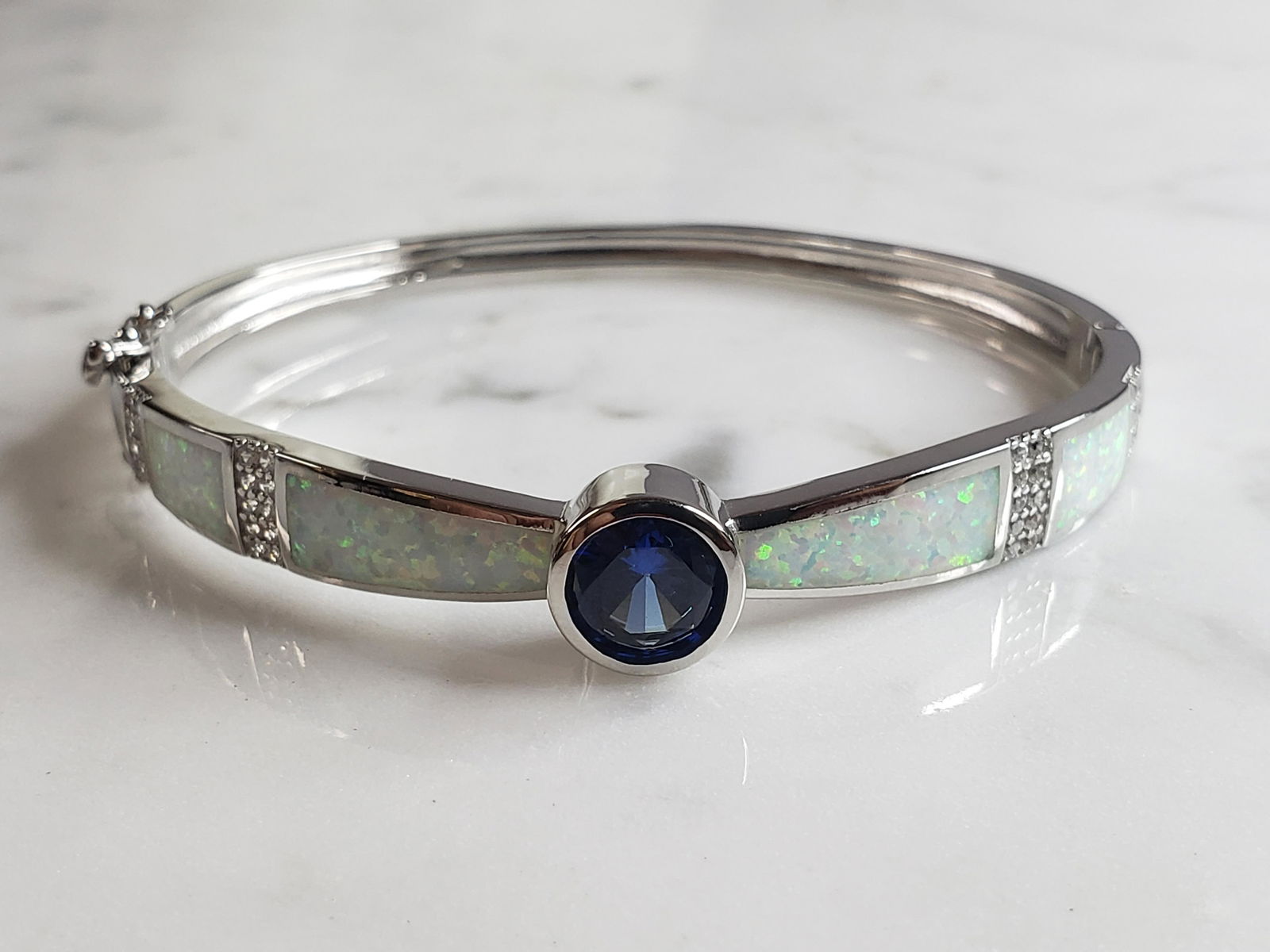 Womens Estate Sterling Silver Modernist Opal Bangle Bracelet (1 of 5)