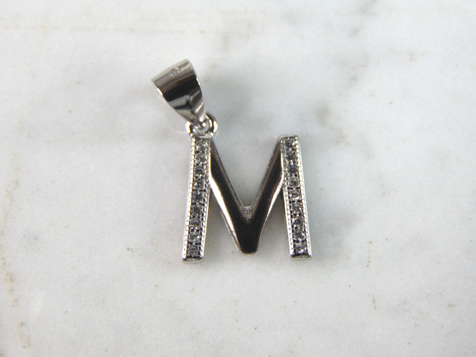 Womens Vintage Estate Sterling Silver CZ Letter "M" Pendant (1 of 3)