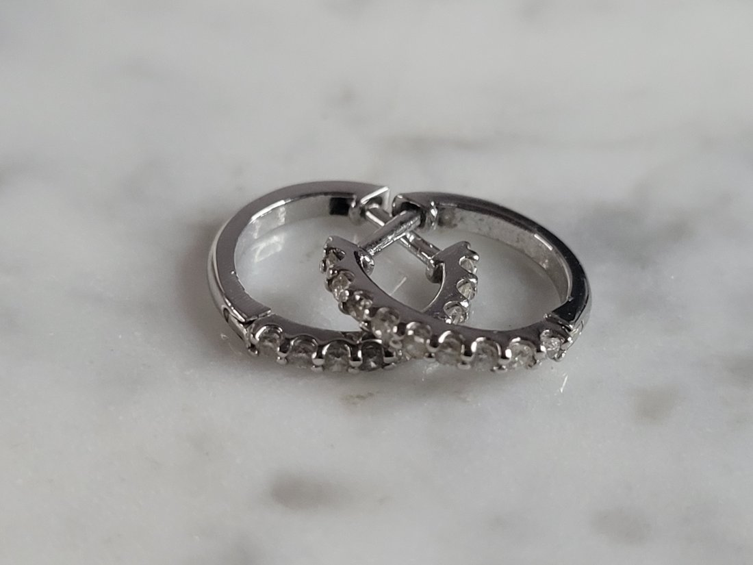 Pr of Womens Vintage Estate 14K White Gold Diamond Hoop Earrings (1 of 3)