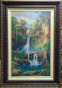AMAZING CAO YONG SERIGRAPH SACRED POOLS PAINTING: AN AMAZING SERIGRAPH PAINTING ENTITLED "SACRED POOLS", DONE BY LISTED ARTIST CAO YONG. AS YOU CAN SEE IT COMES WITH A CERTIFICATE OF AUTHENTICITY, AND IS NUMBERED. CONDITION IS VERY NICE, BUT THE FRAM