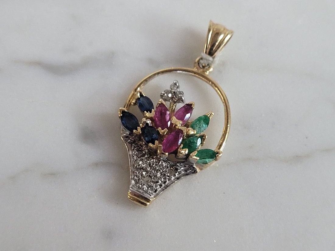 Womens Vintage 14k Gold Diamond Ruby Emerald Sapphire Pendant (1 of 3)