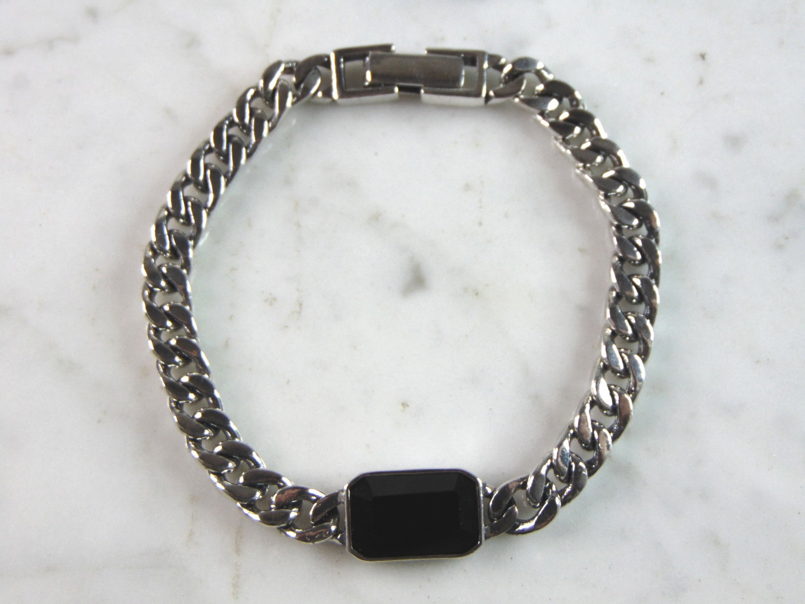 Mens Vintage Estate Sterling Silver Chain Link Onyx Bracelet (1 of 5)