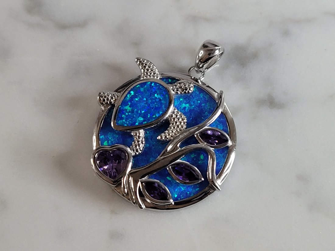 Womens Sterling Silver Blue Opal Sea Turtle Pendant (1 of 3)