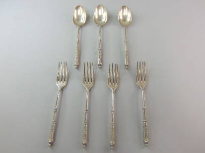 7 Piece Silver Plated Flatware by Chambly Silver Co: FOR SALE IS THIS 7 PIECE ANTIQUE AESTHETIC SILVER PLATED FLATWARE BY CHAMBLY SILVER CO. SPOONS MEASURES 5 1/2" IN LENGTH AND FORKS MEASURE 5 5/8" IN LENGTH. PIECES WEIGH ABOUT 24g EACH . PIECES HAS A